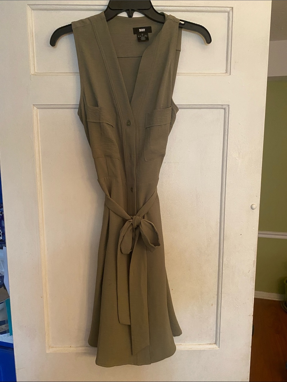 DKNY Olive Sleeveless V-Neck Tie-Waist Midi Dress size 12
